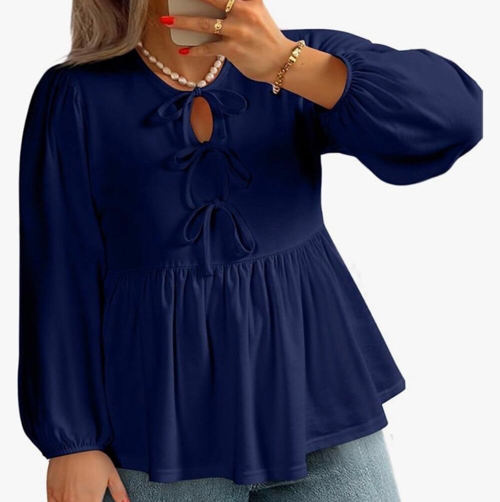 NWT AlvaQ Women's Sz 2X Fall Bow Tie Front Puff Sleeve Babydoll Peplum Blouse